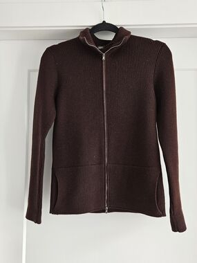 henri bendel 100% Merino Ribbed Knit Zip Up Sweater - Dark Brown Made In Italy